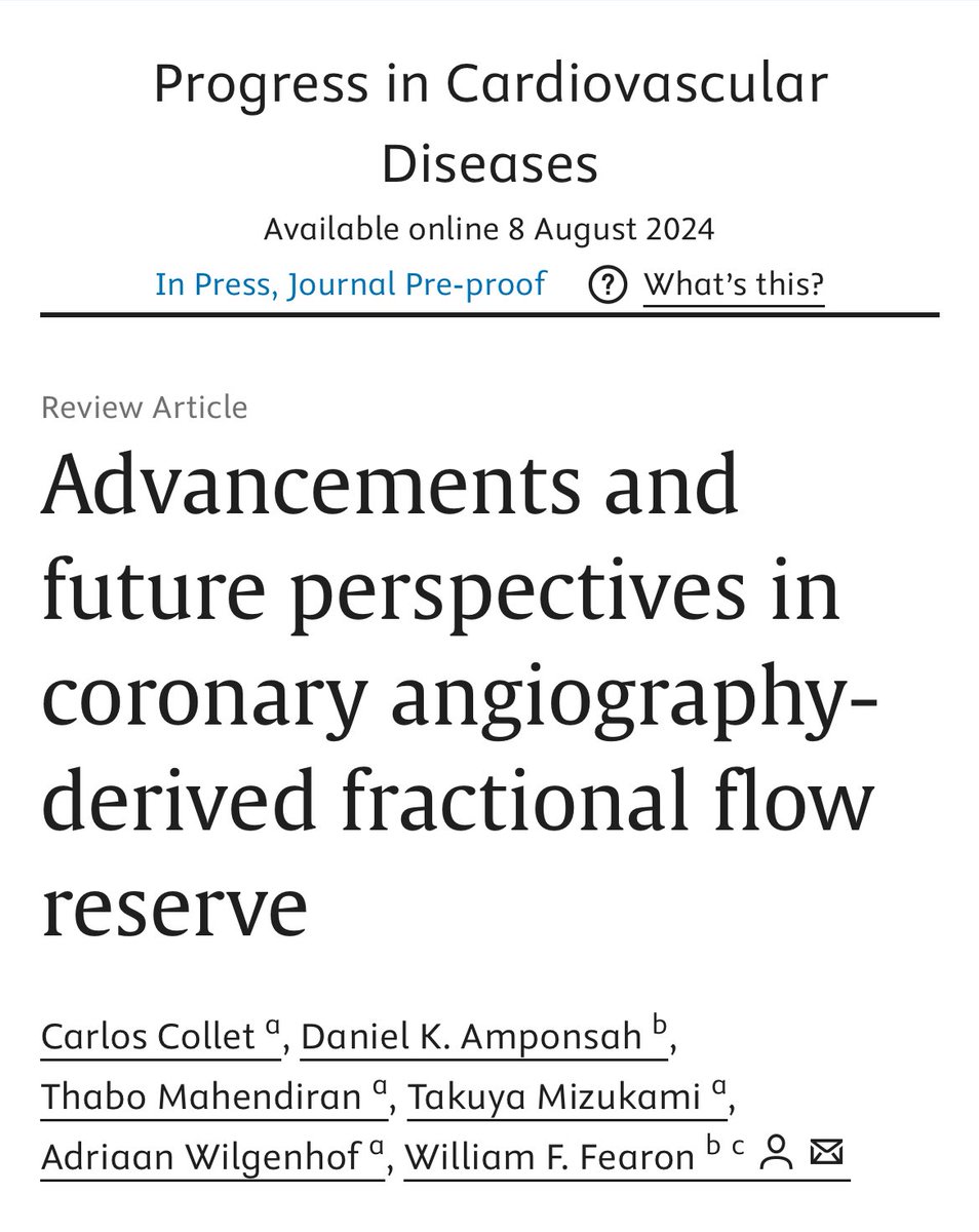 #CoronaryPhysiology
#AngioDerivedFFR 

Angio-Derived FFR

- principles

- clinical applications

- evidence

- future

- ongoing research

👇
doi.org/10.1016/j.pcad…

👋
<a href="/ColletCarlos/">Carlos Collet MD PhD</a> 
D Amponsah
<a href="/MahendiranThabo/">Thabo Mahendiran</a>
<a href="/MizukamiTakuya/">Takuya Mizukami</a> 
A Wilgenhof
<a href="/wfearonmd/">William Fearon</a> 

#ReviewPaper