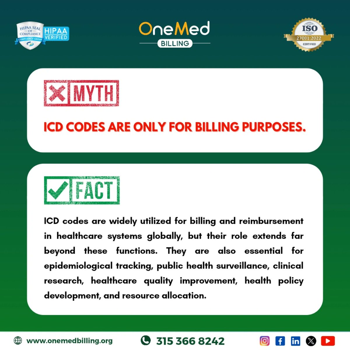 OneMedBilling's tweet photo. ICD codes are more than just a billing tool—they're crucial for public health, research, and healthcare quality improvement. Understanding their broader impact is key to enhancing global health outcomes.
.
.
.
.
#Healthcare #PublicHealth #ICDCodes #MedicalBilling #mythvsfact https://t.co/tAKGMKU7zz