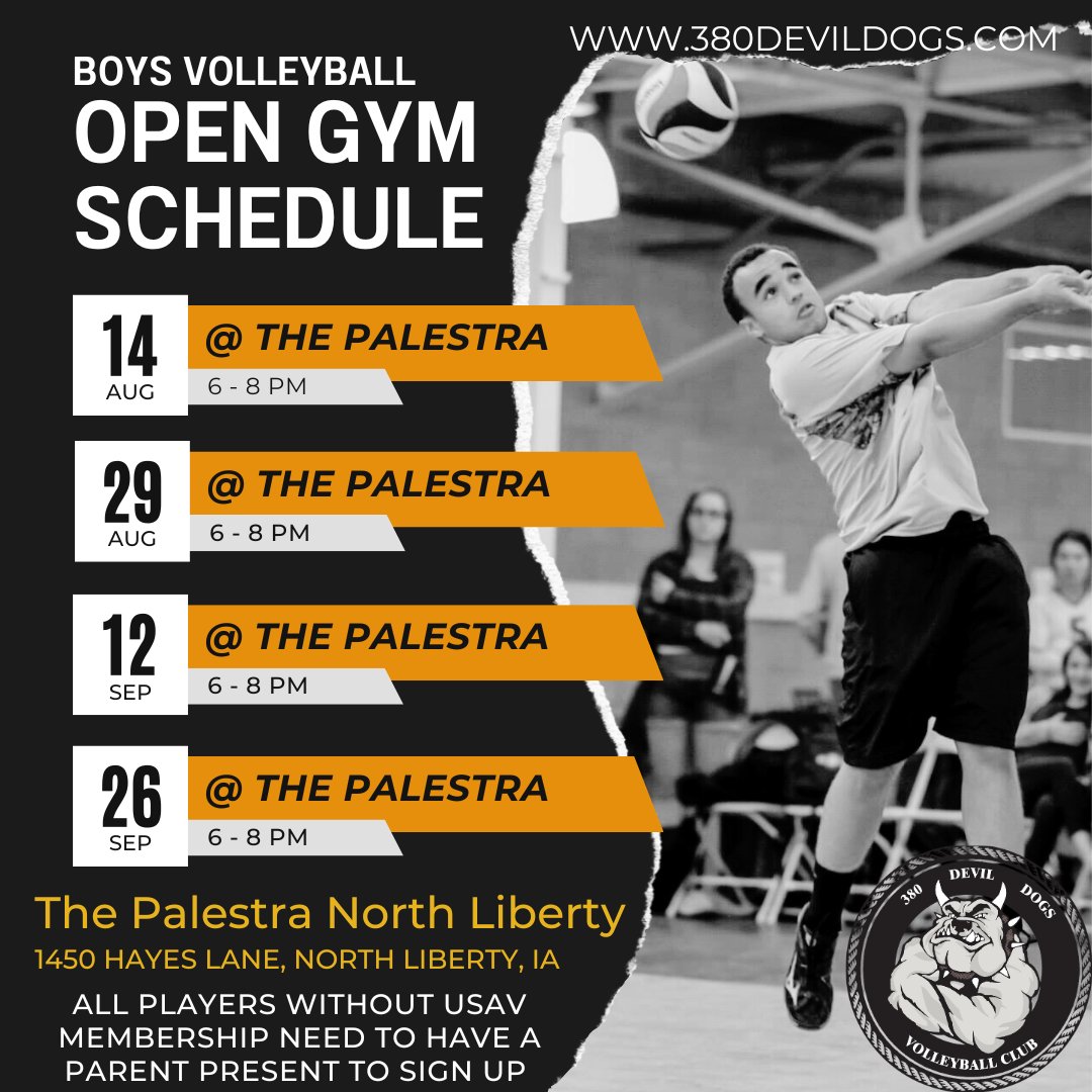 380DevilDogsVB's tweet photo. Upcoming Boys Volleyball Open Gyms at The Palestra in North Liberty, IA.  Any boys interested in playing volleyball are welcome!  Ages 12-14 from 6-7 pm and ages 15-18 from 7-8pm.   Please submit any questions to 380devildogs@gmail.com https://t.co/wuDhyWWgyO