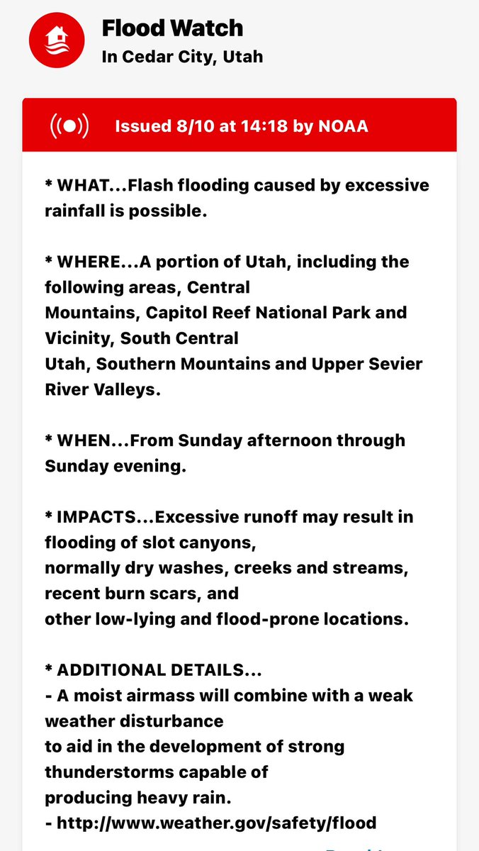 SWUtahWxSpotter's tweet photo. FLOOD WATCH 👀
Portions of Utah- Central Mountains, Capitol Reef National Park, and Vicinity,  South Central Utah, Southern Mountains, &amp; Upper Sevier River Valleys.  Sunday afternoon to Sunday evening.. Slot canyons, normally dry washes, creeks &amp; streams, &amp; recent burn scars. https://t.co/JYyvAZHCD4