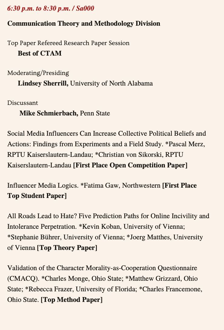 Don't miss the Best of CTAM - tonight starting at 6:30! Moderated by our vice head and program chair, @LindseyASherril. Top papers spanning social media influencers, influencer media logics, online incivility and intolerance perpetration , and a questionnaire validation study.