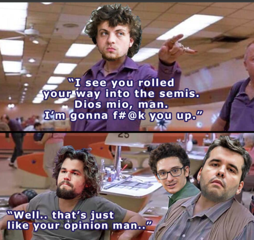 RougarouRook's tweet photo. @MagnusCarlsen
@HansMokeNiemann
@GMHikaru
@AlirezaFirouzja
#chess #blitzchess #chessfun #chessmeme #chesschampions #parisblitzchesstournament #chessgrandmaster #chessmasters #chessdrama #funnychess
@chesscom https://t.co/e3emNpm3Nb
