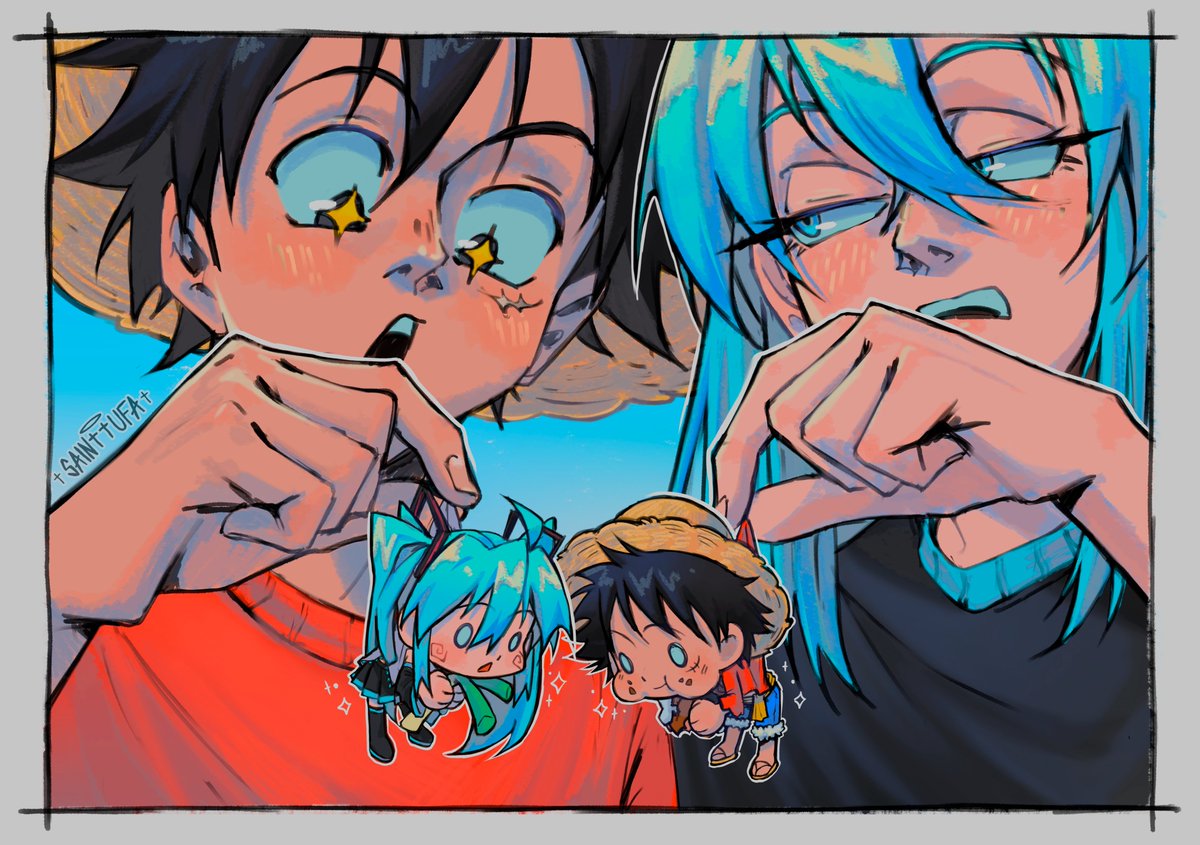 _saaanic_'s tweet photo. Luffy and Miku https://t.co/W5yFh47rYH