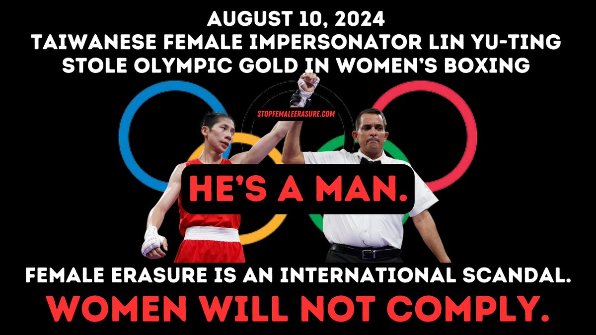 StopXXErasure's tweet image. BREAKING ‼️
Taiwanese female impersonator Lin Yu-Ting ♂️just stole Olympic gold from Polish boxer Julia Szeremeta. This is now the second known biological male who has taken a gold medal from a ♀️at the Paris Olympics.  #StopFemaleErasure #SaveWomensSports #XX