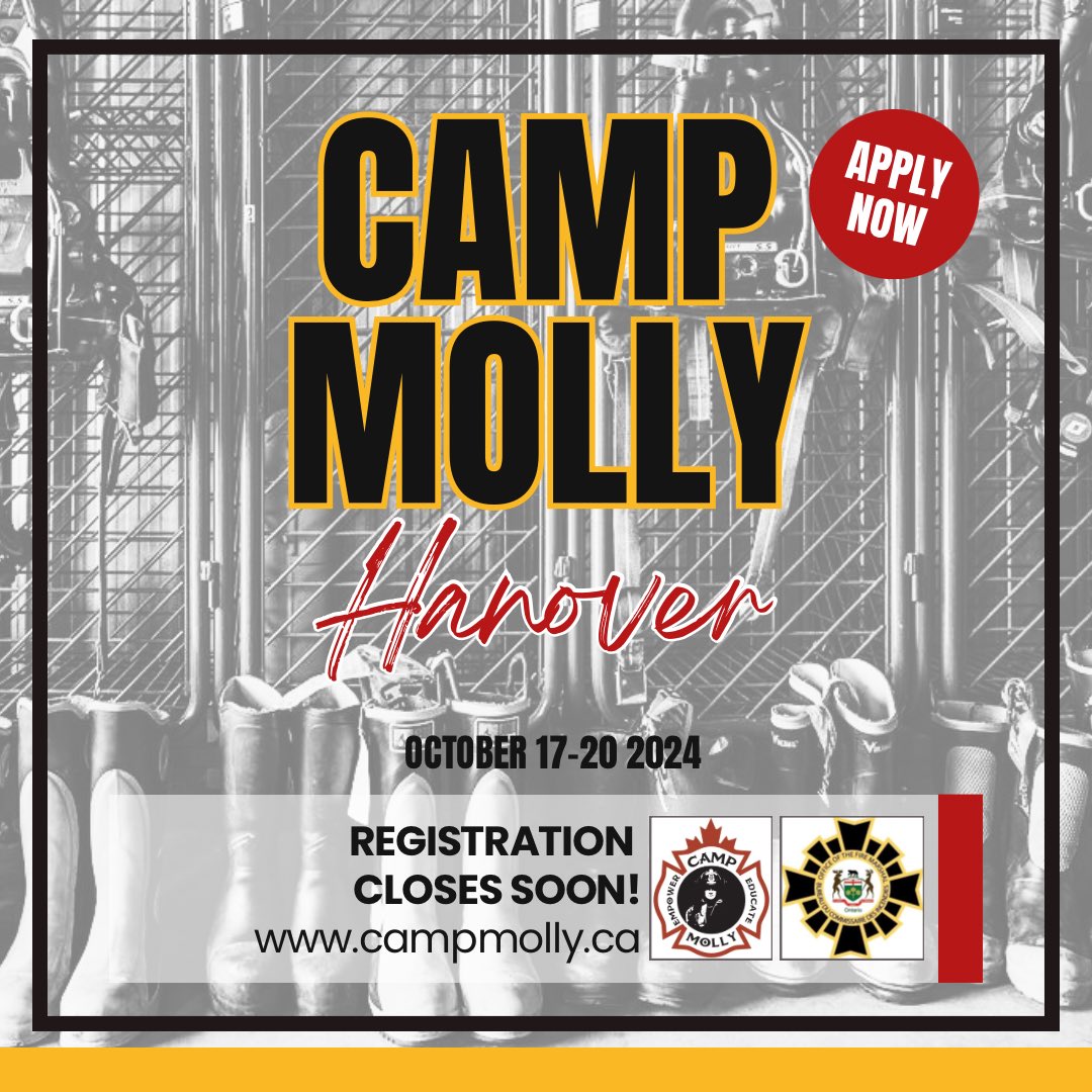 Registration for Camp Molly Hanover closes soon! 🚒

To submit your application go to campmolly.ca

#volunteer #InspireInclusion #firefighting #firefighter #campmolly #womeninfire #womensupportingwomen #empower #explore #explorepage #hanover