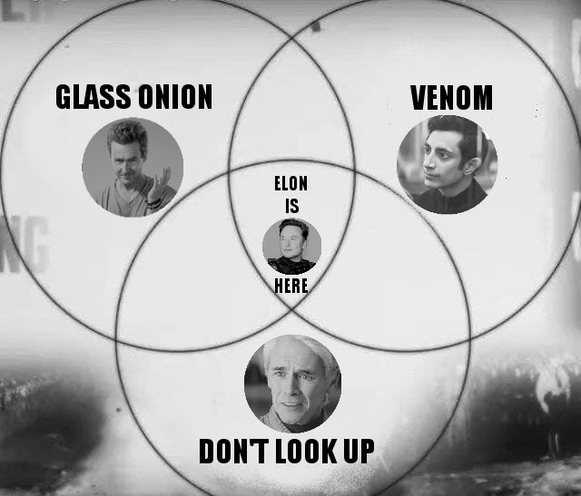 <a href="/elonmusk/">Elon Musk</a> You watched Venom, Glass Onion, and Don't Look Up, and sided with the hero fighting against the narcissistic, sociopathic, authoritarian billionaire oligarch using his money and power to impose his demented vision on the rest of us.

When it's fiction you understand. Yet you