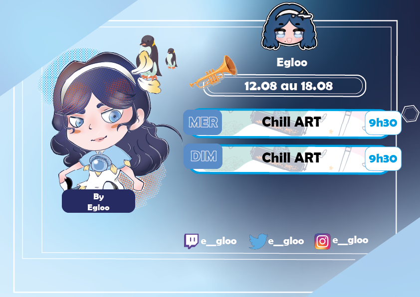 E__Gloo's tweet photo. [  📅  - • Planning de la semaine • - 📅 ] 

• Mercredi : Live art, je rattrape le live de Dimanche dernier (9h30)🎨

• Dimanche : Live art (9h30)🖍️

Bonne semaine à tous.tes !💙

#vtubingfr #vtuberfr #vtubingurprising #vstreamer #varnaqueuse #twitchfr #liveart #twitchart https://t.co/cVUe6QOCbz