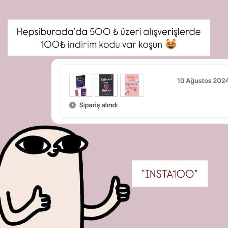 Vallahi reklam değil tamamen indirim haberi duyurmaya geldim dhdhdh Hepsiburada instagramın açılması şerefine kupon tanımlamış “INSTA100” koduyla alışveriş yapabilirsiniz. Ben gerekeni yaptım 🫠