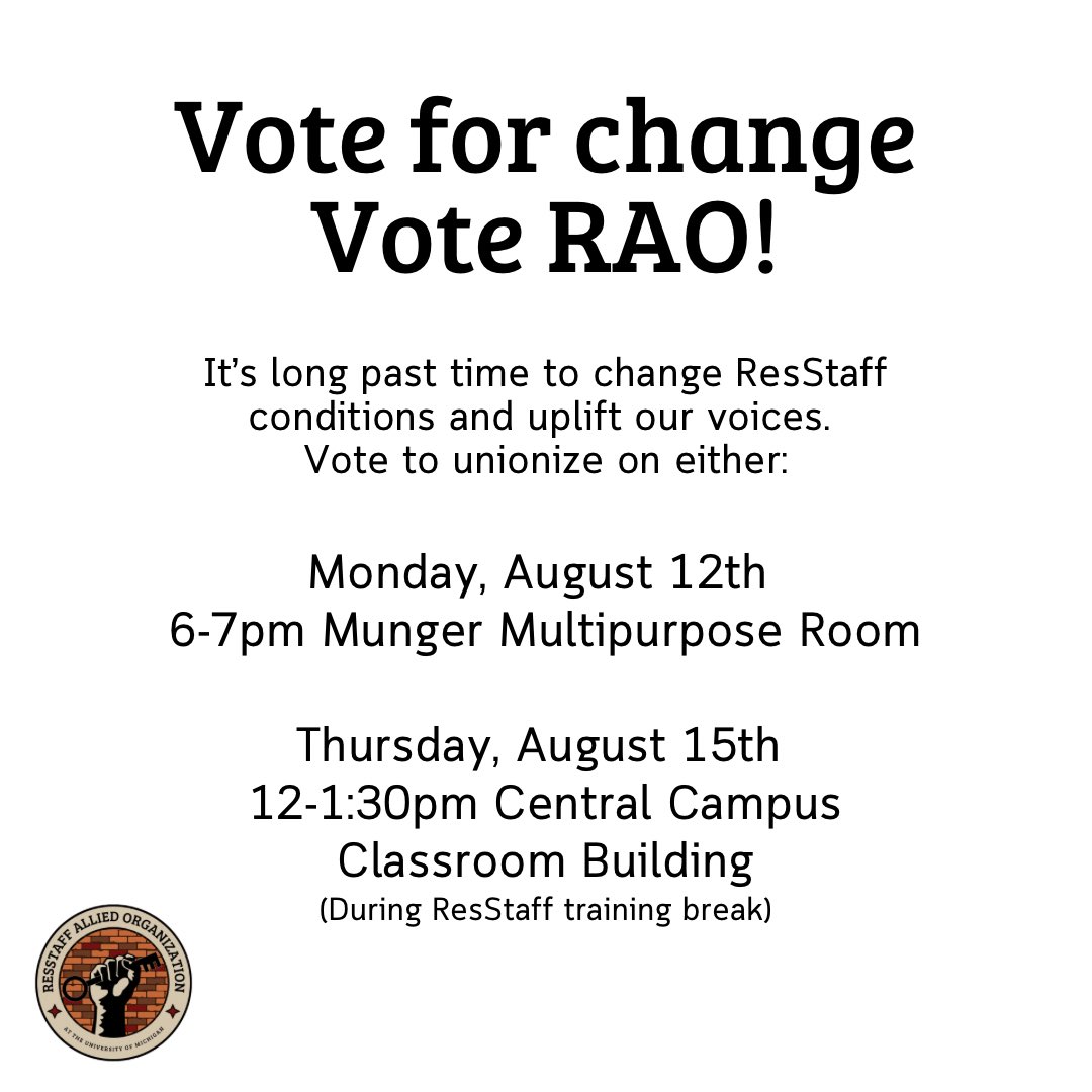 Nearly 5,000 students will be affected by UMich’s inability to fill the RSC (Lead RA) role this year. 

With 3 dorms having no RSC and 2 of the largest dorms understaffed, MHousing has cut corners at the expense of ResStaff and our communities. 

It’s time to unionize.