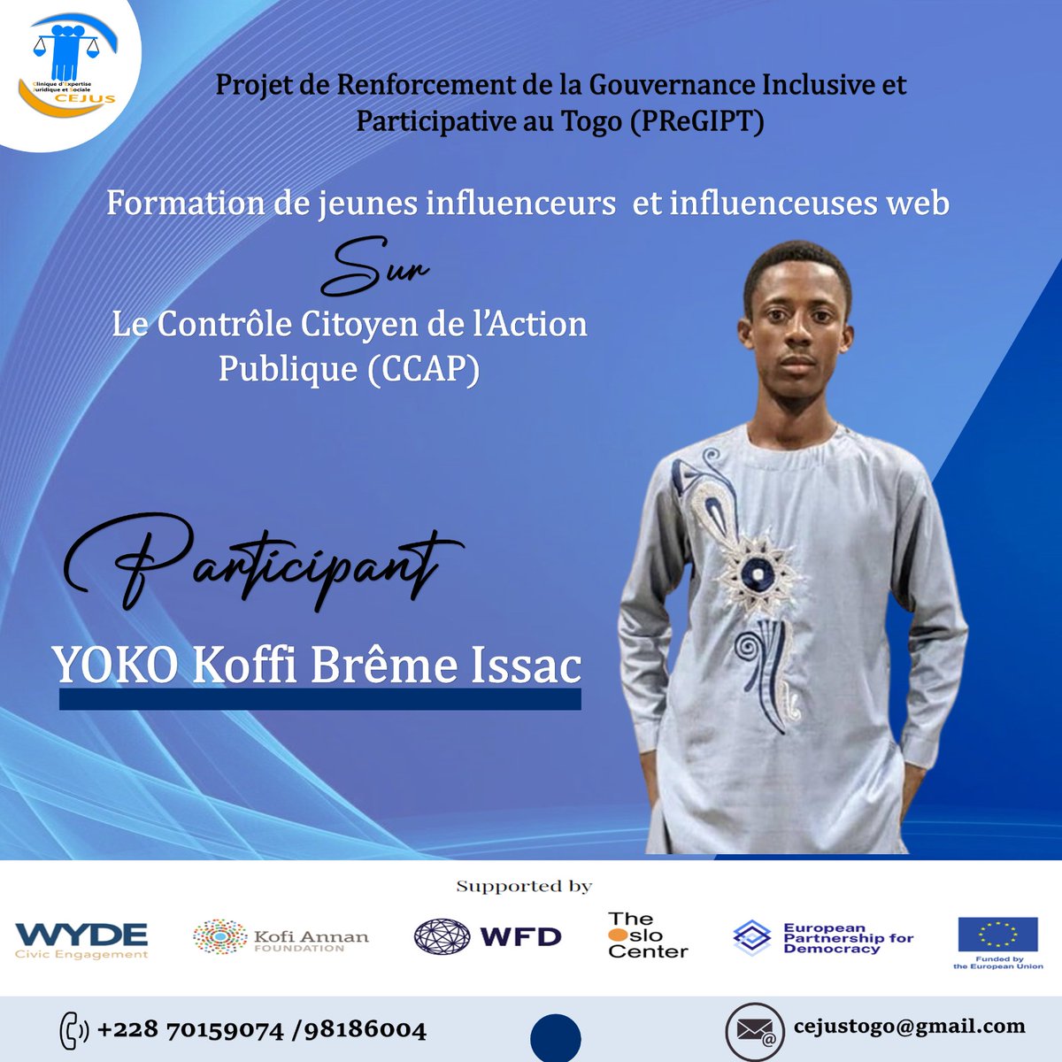 Je suis heureux d'être parmi les 10 influenceurs et influenceuses sélectionnées pour participer à la formation sur le Contrôle Citoyen de l'Action Publique CCAP dans le cadre du Projet de Renforcement de la Gouvernance Inclusive et Participative au Togo PReGIPT, <a href="/cejustogo_cejus/">CEJUS</a>