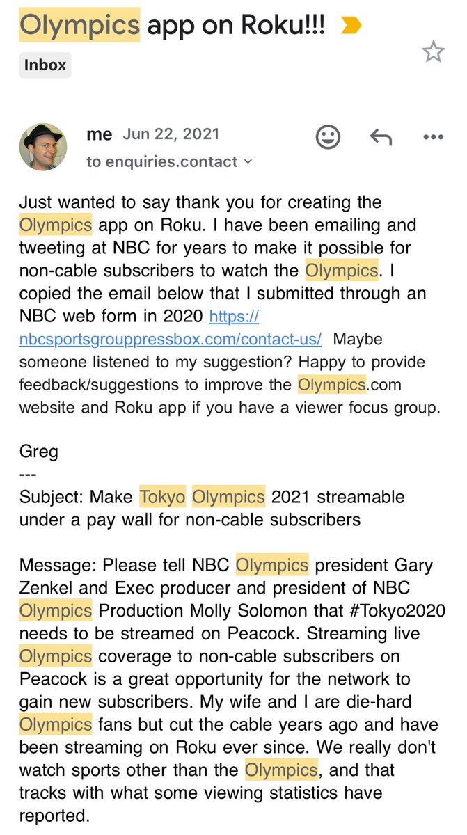 gbuchold's tweet photo. @peacock #goldzone Some proof of my claim. I’ll wait while you check your records of my prior IP input on your current winning #Olympics broadcast and whether my solution solved your declining viewership problem https://t.co/Qz1MefhGu9