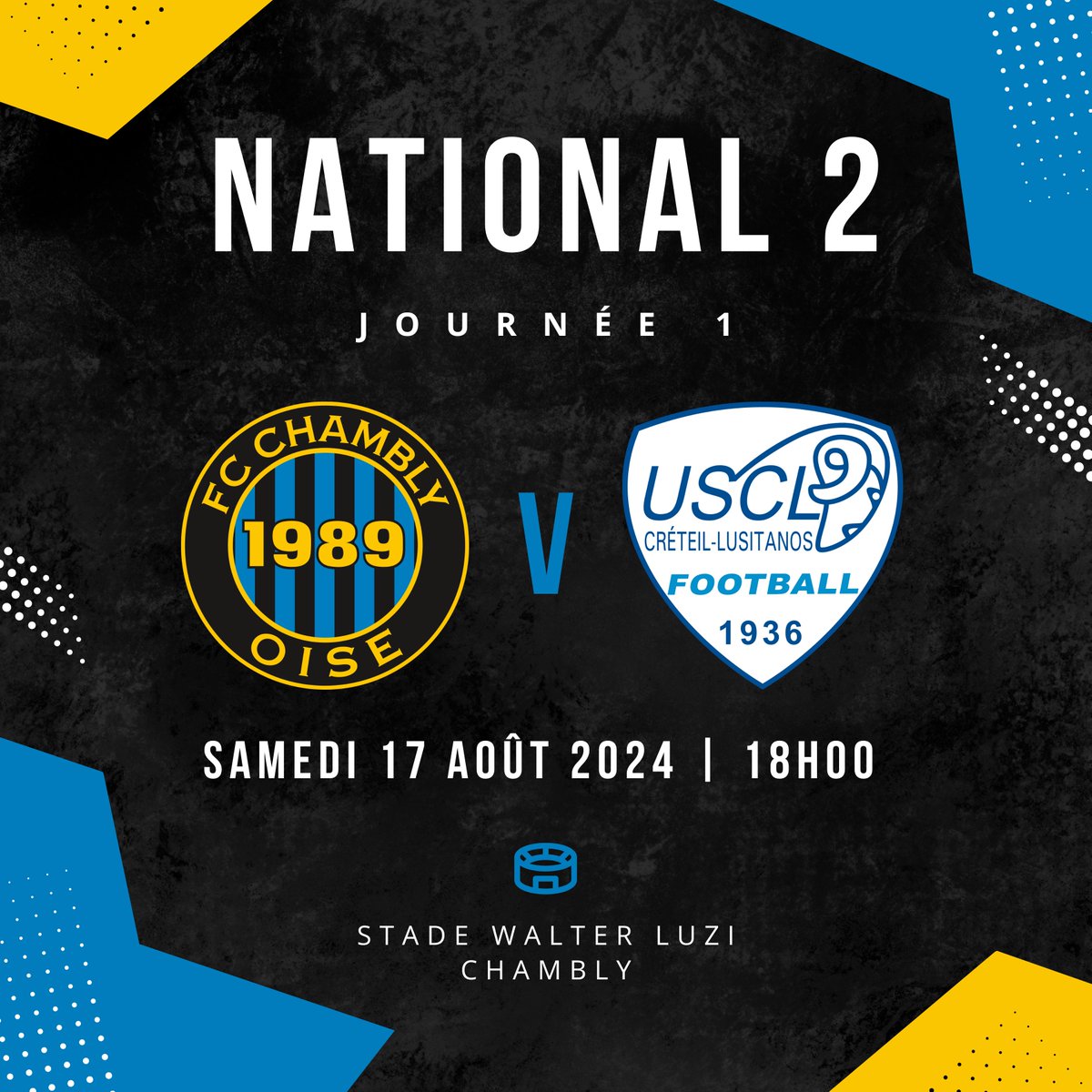FCCOISE's tweet photo. 🔥JOUR DE MATCH 🔥

🆚 US Créteil Lusitanos
⚽️ Journée 1 - National 2
📍 Stade Walter Luzi
⌚️ 18h00
📱 Live texte sur Facebook et Twitter FC Chambly Oise

Vos places : https://t.co/jx6n5iQOxe 💙🖤

#FCCOUSCL #NeRienLâcher https://t.co/IbMku5tdkJ