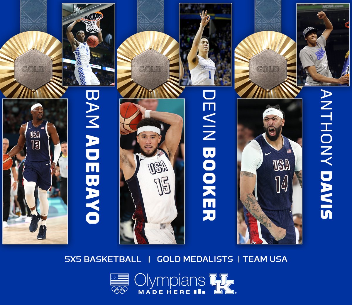 Kentucky Men’s Basketball (@kentuckymbb) on Twitter photo Gold Medal Wildcats!
Congratulations, <a href="/Bam1of1/">13am Adebayo</a>, <a href="/DevinBook/">Book</a> and <a href="/AntDavis23/">Anthony Davis</a> on winning 🥇 at #Paris2024 with <a href="/usabasketball/">USA Basketball</a>!
#OlympainsMadeHere Gold Medal Wildcats!
Congratulations, <a href="/Bam1of1/">13am Adebayo</a>, <a href="/DevinBook/">Book</a> and <a href="/AntDavis23/">Anthony Davis</a> on winning 🥇 at #Paris2024 with <a href="/usabasketball/">USA Basketball</a>!
#OlympainsMadeHere