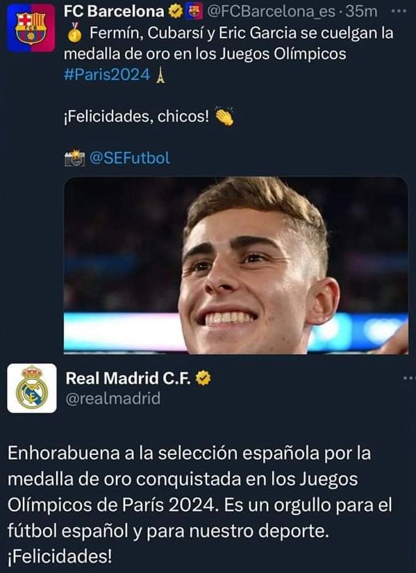 LaLigaDeRafa's tweet image. Diferentes modos de felicitar a la @SEFutbol por el ORO conseguido. El @FCBarcelona_es y el @realmadrid lo hicieron así cual te gusta más?
MG  Barça 
RT  Madrid