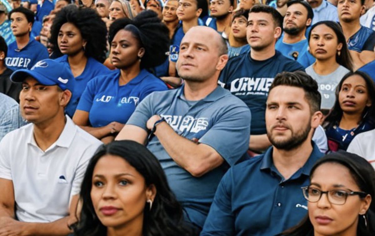 MAC_Arms's tweet photo. Have you noticed this image going around showing a packed "Harris rally" has people with janky eyes throughout it? Do you know why that is? Because AI screws up eyes, hands and feet. As with all things Harris/Walz, it's a lie. The nonsensical text on shirts is another giveaway. https://t.co/pwILuPn7ES