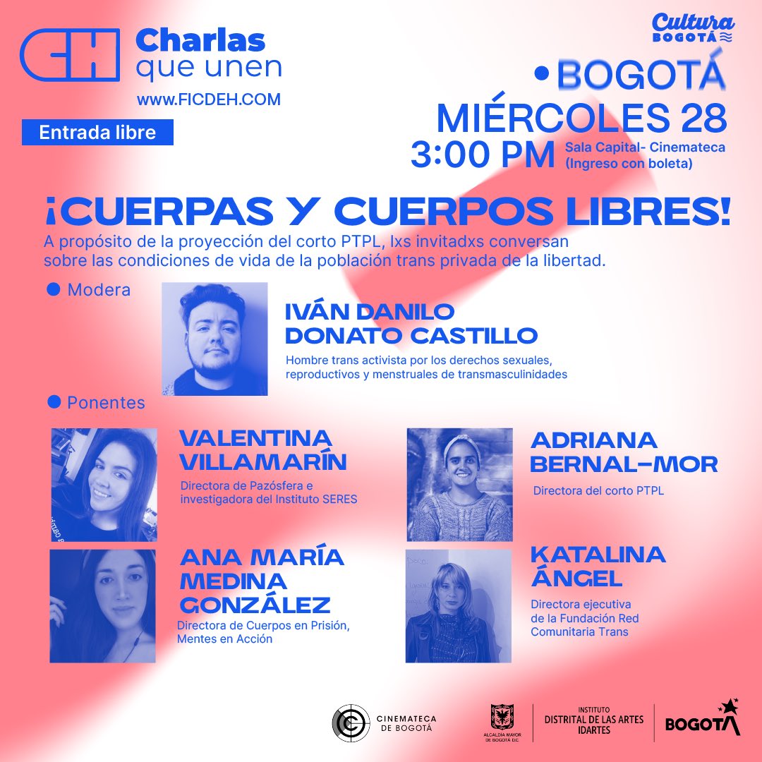 FICDEH's tweet photo. Luego de la proyección del corto "PTPL", te invitamos a una charla con su directora, Adriana Bernal-Mor (@adribernalmor), sobre las condiciones de vida de la población trans dentro del sistema penitenciario, las barreras de salud, la violencia y la discriminación a las que se enfrentan.

Moderado por Iván Danilo Donato Castillo (@donatovik), hombre trans activista por los derechos sexuales, reproductivos y menstruales de transmasculinidades; con la participación de Valentina Villamarín (@pazosfera), directora de Pazósfera e investigadora del Instituto SERES; Ana María Medina González, directora de Cuerpos en Prisión, Mentes en Acción; y Katalina Ángel (@redcomunitariat), directora ejecutiva de la Fundación Red Comunitaria Trans.

¡Asiste! Miércoles 28 de agosto, 3:00 p.m., Sala Capital de la Cinemateca de Bogotá. Ingreso con boleta.

Invita: @CinematecaBta @Bogota @idartes @CulturaenBta 

#EstoSíEsCineDeAcción #FICDEH