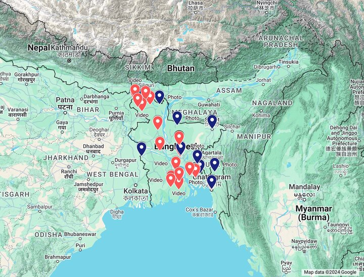 HinduAmerican's tweet photo. We're continuing to receive constant inputs on the ongoing atrocities targeting #BangladeshiHindus.

The HAF team has been geolocating anti-Hindu incidents captured in photos/videos sent to HAF, including multiple attacks on Hindu temples. The first maps demonstrates that reported attacks are spread out throughout the Bangladesh land mass. 

The second map zooms in on reports of 3 temples attacked in close proximity in the Chittagong city center alone.

HAF cannot verify the authenticity of each report but we are doing our best to organize and collate the information we receive while safeguarding the safety of our sources. However we are open to sharing the dataset with orgs who have relevant expertise and are willing to collaborate in good faith to ensure this tragedy is never forgotten.