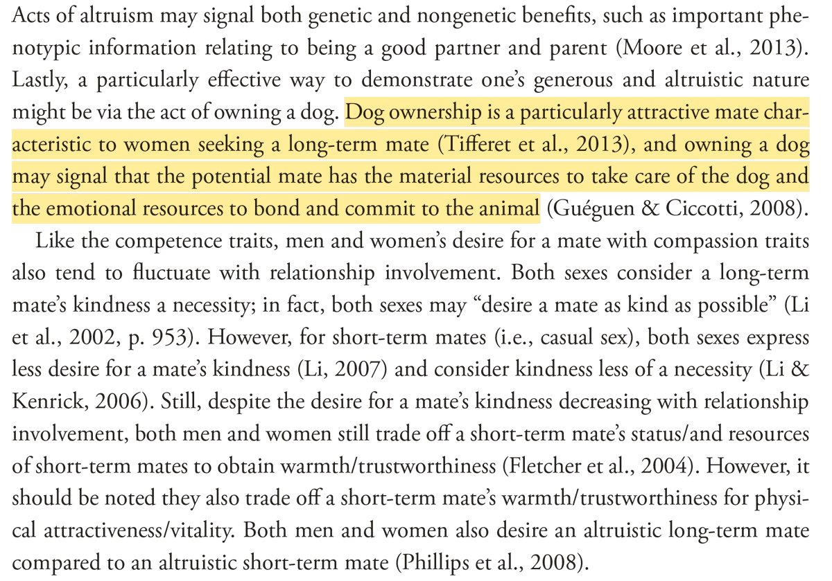"Dog ownership is a particularly attractive mate characteristic to women seeking a long- term mate...owning a dog may signal the potential mate has the material resources to take care of the dog and the emotional resources to bond and commit to the animal" global.oup.com/academic/produ…