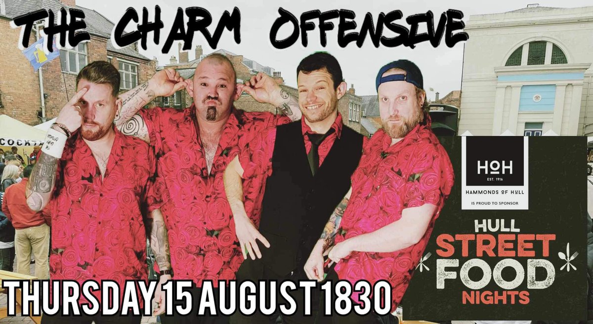 Coming up Thursday…

We make our return to the @hullstreetfoodnight !!!!

Zebedees Yard at 6.30pm for your serving of The Charm Offensive.

#thecharmoffensive #professional #partyband #hull #liveband #livemusic #popclassics #rocktwist #funny #dancing #singing #silly #cheesy