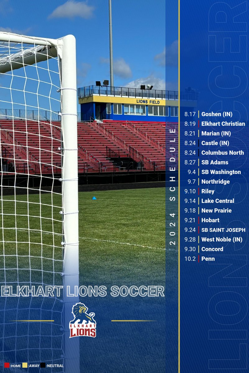 Elkhart Lions 2024 ⚽ Schedule!
<a href="/ElkhartLions/">Elkhart High School</a> <a href="/ElkhartHSSports/">Elkhart High School Athletics</a>