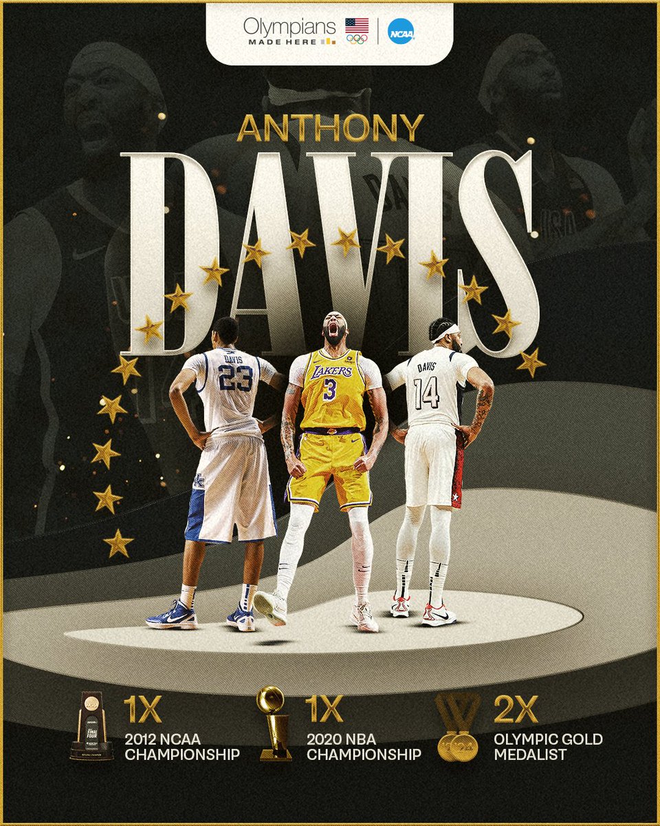 NCAA's tweet photo. Certified champ! 🏆🏀

@AntDavis23 is the ONLY men's @usabasketball team member with an NCAA 🏆, an @NBA 🏆, and now TWO Olympic golds! 🥇🥇

#OlympiansMadeHere x @KentuckyMBB https://t.co/booyn1vMQG