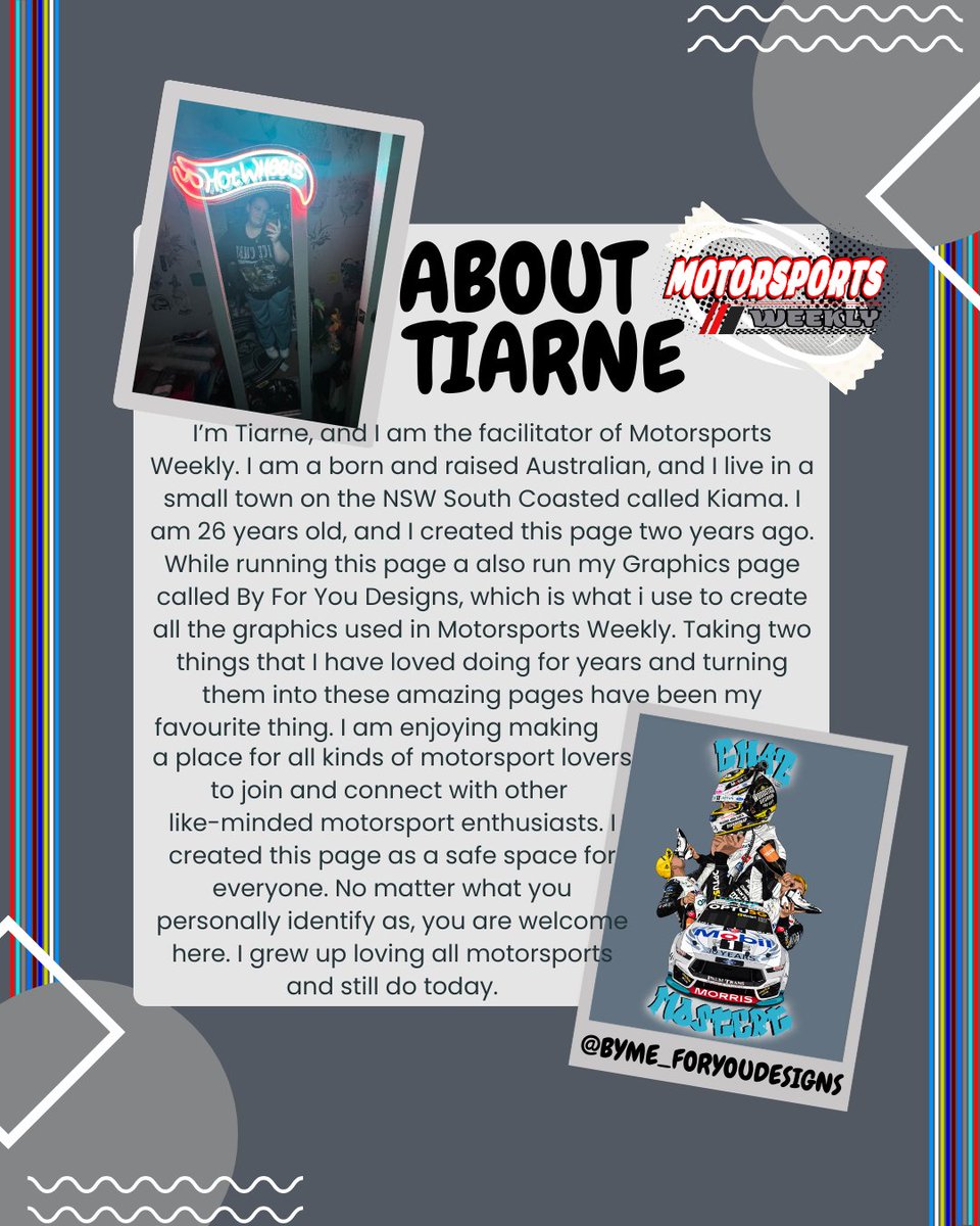 MotorsportsWeek's tweet photo. MEET OUR CREATOR ✍🏻

I'm Tiarne, The creator of this page. I have always wanted to be part of the motorsport industry but never got the chance which is why I created this page. 

Here are a few things about me.
@tiarne_doughty #Motorsports #Motorsportaustralia https://t.co/tzJsDvt843