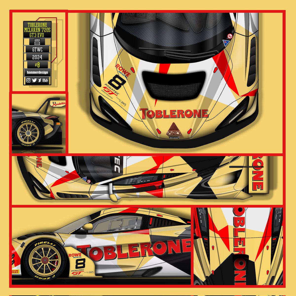 hanmerdesign's tweet photo. Toblerone McLaren 720s GT3 Evo livery concept.

Cream base with an asymmetric fractured triangle design in white, milk and dark chocolate with all the yummy crunchy pieces inside. 

#wec #fiaworldendurancechampionship #toblerone #mclaren #mclaren720s #gtworldchallenge https://t.co/GVBpvW13tm