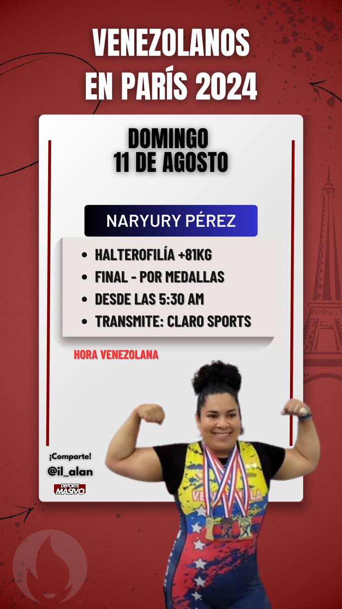 Se cierra la participación de Venezuela 🇻🇪 en los #JuegosOlímpicos con la halterofilia.

🔸 Naryury Pérez en los +81Kg.
⌚️ Desde las 5:30AM (hora venezolana).
📺 Transmite Claro Sports en YouTube o su web.

¡Gracias por compartir, siempre! ❤️