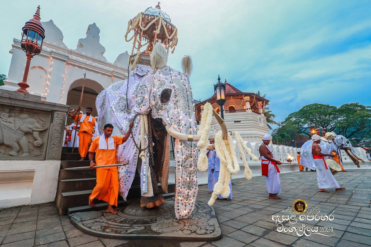 SriDalada's tweet photo. We humbly proclaim the sacred moment of Indiraja with the Relic Casket stepping upon the ancient moonstone, at the auspicious hour, under the watchful gaze of the heavens. Thus, begins the #KandyEsalaPerahera2024 #SriLanka https://t.co/b7i1QS9HfA