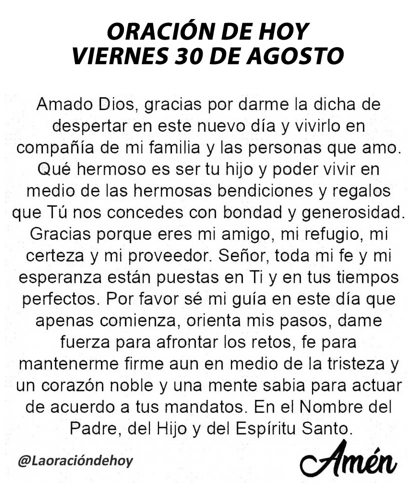 Oración diaria para hoy viernes 30 de agosto de 2024.