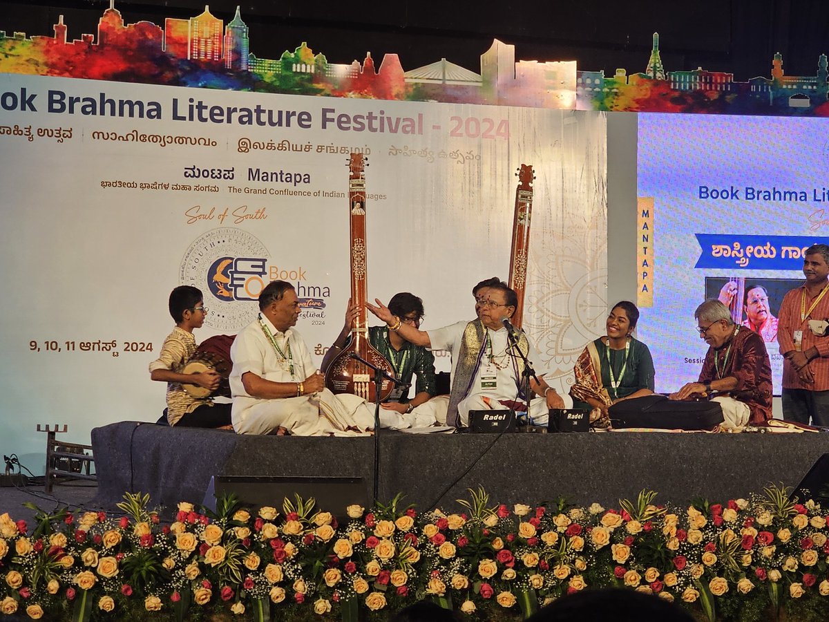 Vid. R K Padmanabha at the #bookbrahma2024 South Indian Language Literary Fest at St John's Auditorium.  Compositions in all 4 languages. Lines from Poonthanam's Jnanappana set to tune in mohanam was main.