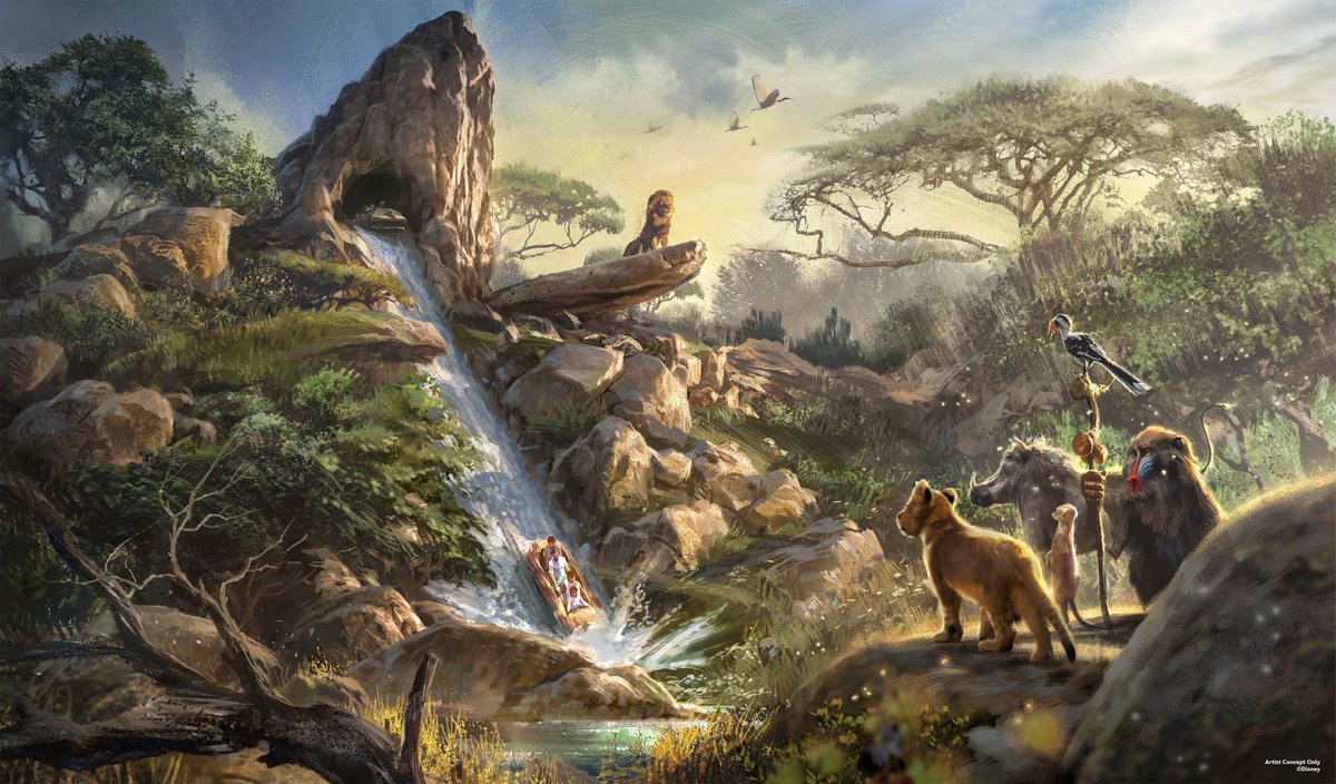DLPReport's tweet photo. ⚠️ Just announced: the upcoming Lion King themed land at Disney Adventure World will feature a boat ride Attraction based on the animated classic, with many animatronics and anchored by the iconic Pride Rock, + characters, shopping and dining. #D23 https://t.co/Oyl7gjGwjG