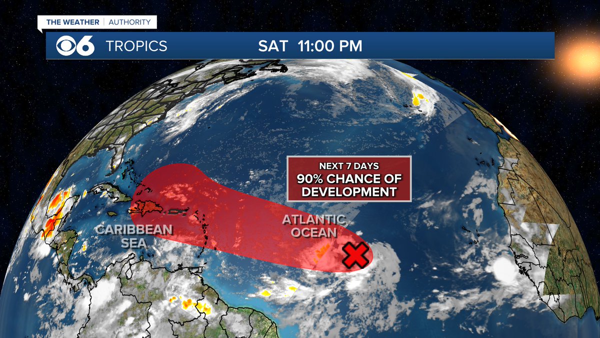 A tropical wave located about midway between the Cabo Verde Islands &amp; the Lesser Antilles is showing signs of organization.  A tropical depression is likely to form during the coming week.  If it becomes a tropical storm, the next name on the list is Ernesto. <a href="/CBS6/">WTVR CBS 6 Richmond</a>