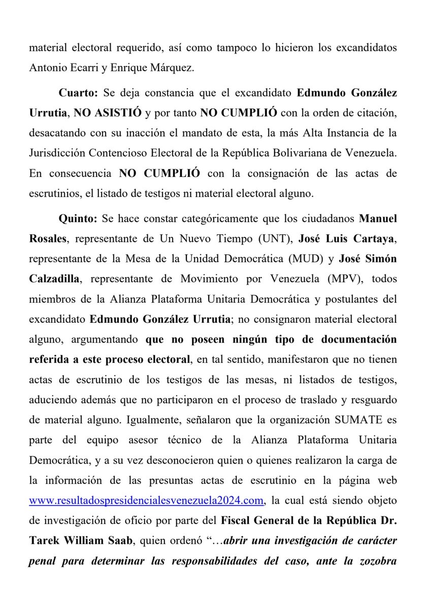 OrlenysOV's tweet photo. Sala Electoral del Tribunal Supremo de Justicia @TSJ_Venezuela (Expediente N° AA70-E-2024-000034):

"Habiendo sido recolectados los instrumentos electorales de los distintos factores participantes en el proceso de Elecciones Presidenciales celebrado el 28 de julio de 2024; los Magistrados de la Sala 
Electoral se abocan al PERITAJE de todo el material electoral de valor probatorio consignado en físico y/o digital, así como también al PERITAJE sobre el ataque cibernético masivo del que fue objeto el sistema electoral venezolano, para lo cual esta Sala contará con un personal altamente calificado e idóneo que hará uso de los más altos estándares técnicos, garantizando así esta Máxima Instancia Judicial a todos los ciudadanos y ciudadanas que resolveremos soberanamente los conflictos que competen de manera exclusiva al Estado venezolano, por lo tanto esta Sala Electoral continúa con el peritaje iniciado el 5 de agosto de 2024, a los fines de producir la SENTENCIA DEFINITIVA que dé respuesta al presente recurso, la cual tendrá carácter de cosa juzgada, por ser este órgano jurisdiccional la máxima instancia judicial en materia electoral, por lo que sus decisiones son inapelables y de obligatorio acatamiento".