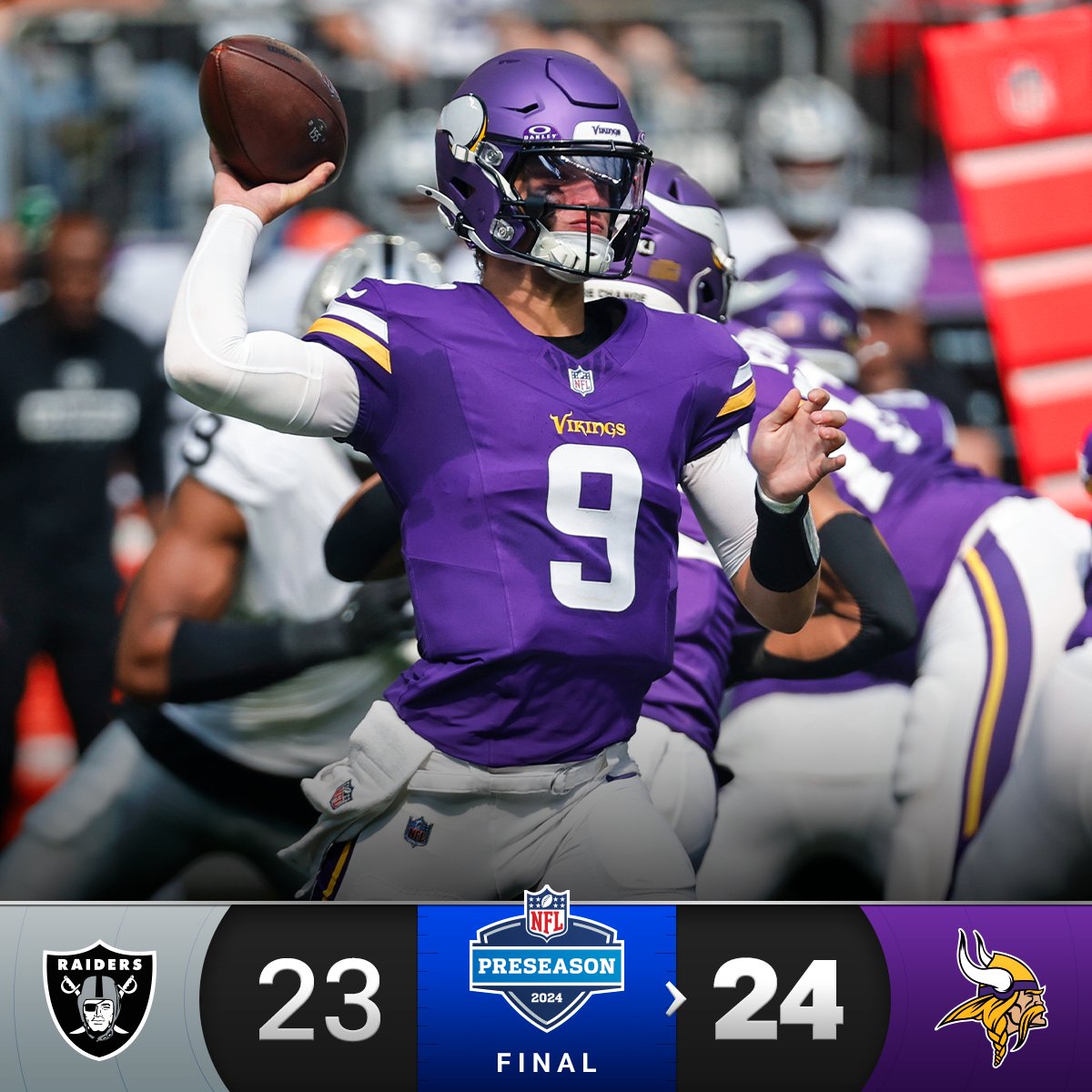 NFL's tweet photo. FINAL: @Vikings 24, Raiders 23

JJ McCarthy: 11/17, 188 yards, 2 TDs, INT, 116.8 passer rating https://t.co/ikuOhENY4H