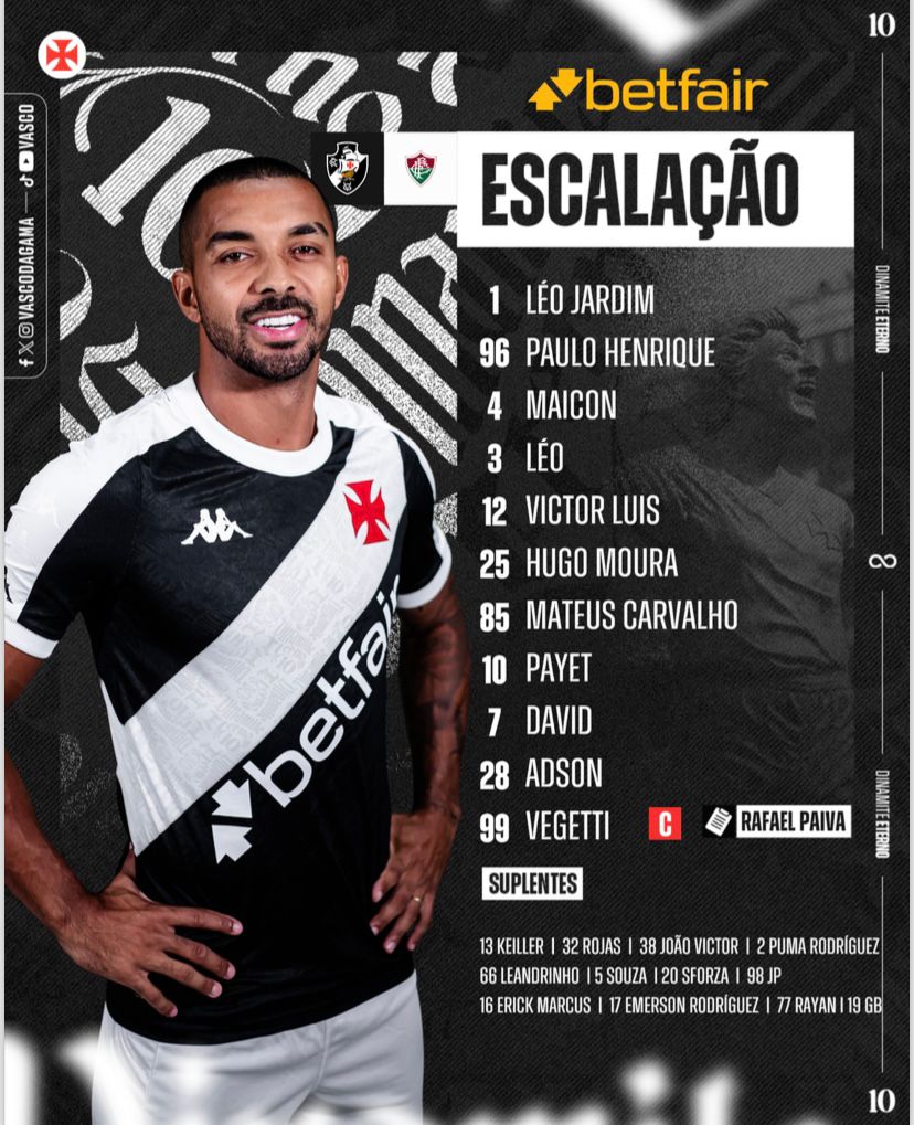 radiopiniaoplay's tweet photo. Escalação do VASCO DA GAMA X FLUMINENSE https://t.co/2ZwdxfGysU