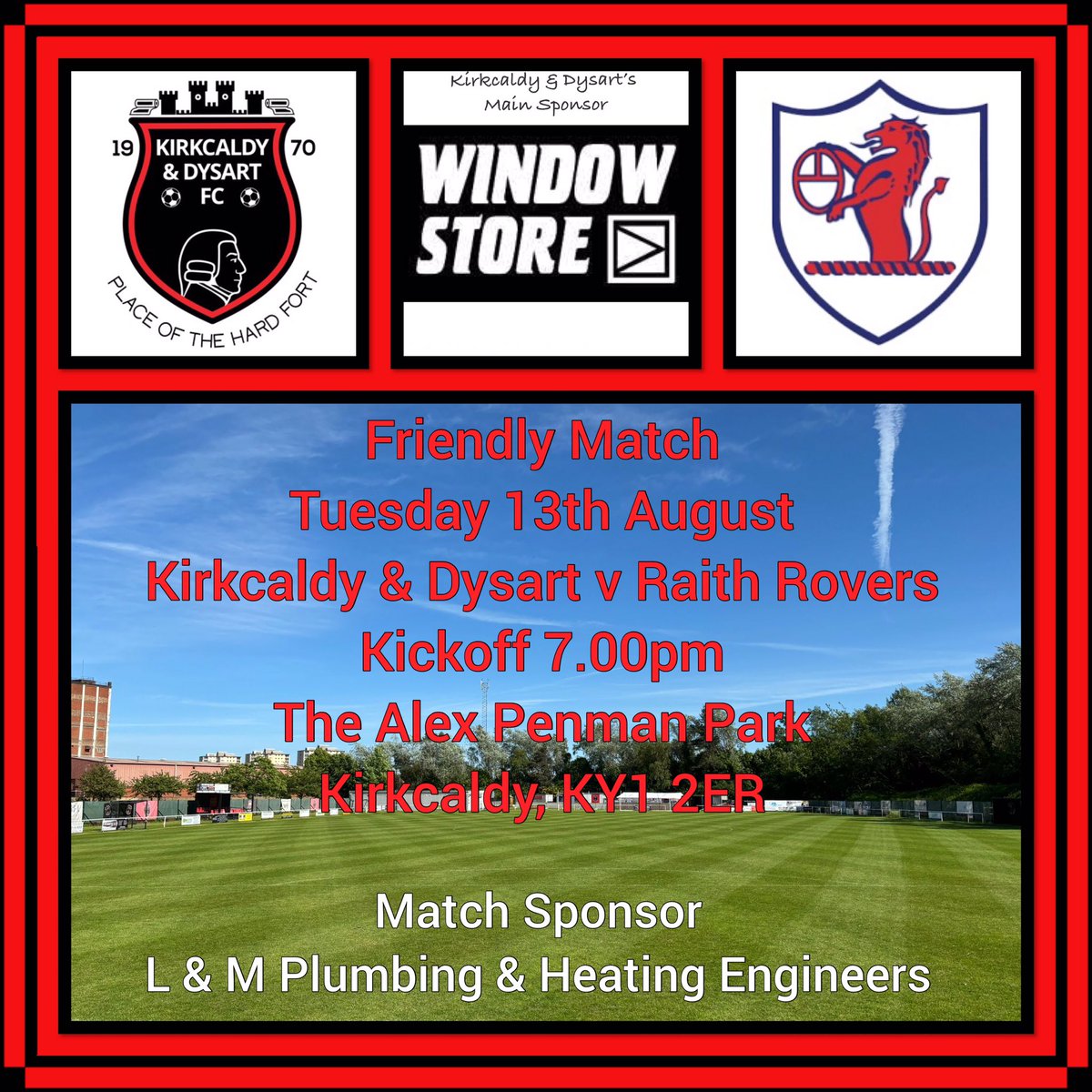 kdydysartfc's tweet photo. Next up for Kirkcaldy &amp; Dysart is a visit from our Kirkcaldy neighbours @RaithRovers  for our much anticipated friendly match. We also look forward to welcoming Raiths fans many of whom may not have visited the Alex Penman Park before for what is a huge game for the club🔴⚫️🔴 https://t.co/zhgR82e2Sd