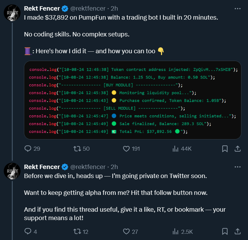 WazzCrypto's tweet photo. Ardizor gang must be stopped

This guy legit has 300K followers and posts console.log "bots" and the tutorial is literally "Ask ChatGPT to make a sniping bot"

jfc how many newbies scammed by these guys https://t.co/b58ymAXL9P