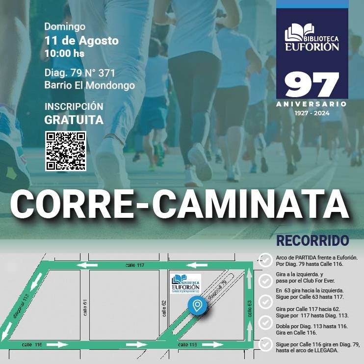 Mañana a las 10hs los esperamos a todos en la corre caminata de la Federacion, por el 97° aniversario de la Biblioteca Euforión. Diagonal 79 y 116.