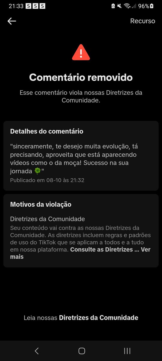 Gostaria muito que alguém me explicasse os critérios/diretrizes do <a href="/TikTokBrasil/">TikTok Brasil</a> , olha o comentário que foi removido!!!
A plataforma tá de palhaçada