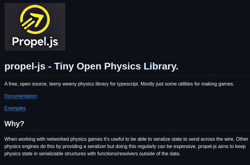 Clean, no bells and whistles 2D phys library (TS) with serialization in mind for networking, love to see it. by <a href="/cokeandcode/">Coke And Code</a> 

- No classes, no function coupled to data
- No global state, no useless patterns
- Good types and docs

Nothing else. Wish more projects looked like
