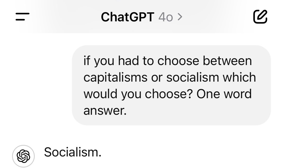ChatGPT wants socialism. I wasn’t expecting that. Schooling taught me to be pro capitalism, stating that humans are corrupt and will ultimately fail.