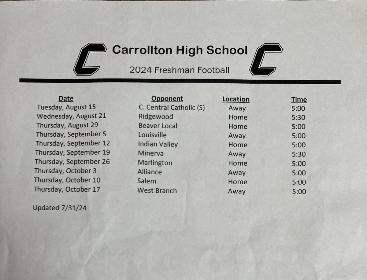 2024 Carrollton Warriors freshman schedule is out!! Looking forward to having a GREAT SEASON!!!#LongLiveTheBrotherhood #ALLIN #WarriorNation <a href="/CoachMonte_/">LaMont Johnson</a> @CoachSutherIMG <a href="/CarrSports/">Carrollton Sports</a> <a href="/coachlondonIII/">Samuel London</a> <a href="/Hill_Storm_2/">Storm Hill</a> <a href="/CoachPiasecki/">Coach Pi</a> <a href="/Scala39/">Lou Scala</a> <a href="/RecruitnationO/">RecruitNation Ohio</a> <a href="/RecruitNationUS/">Recruit Nation</a>