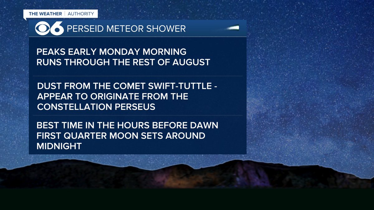 The annual Perseid meteor shower peaks Monday morning, with good viewing conditions expected Sunday night in #RVA between midnight &amp; just before dawn. Try to give yourself a few of the entire sky, get away from city lights &amp; allow your eyes to adjust to the darkness.  <a href="/CBS6/">WTVR CBS 6 Richmond</a>