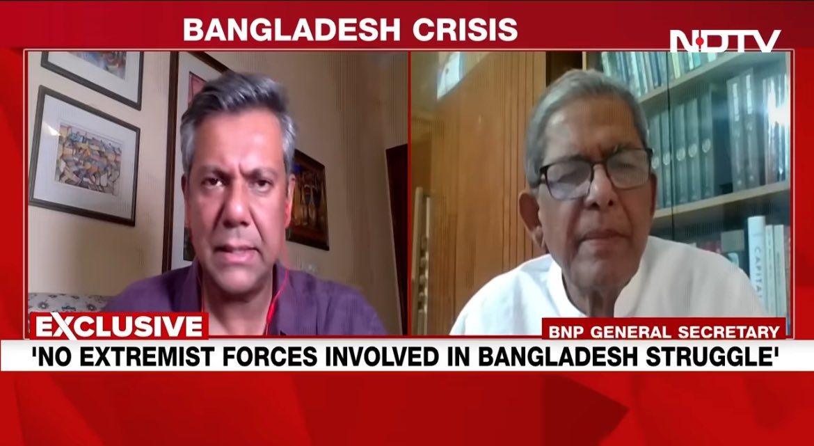 No extremist forces involved in Bangladesh. The movement against brutal regime of Hasina had been led by students, general people and political parties together - Mirza Fakhrul, BNP Secretary General youtu.be/j5O_IXIdVes?si… 

Source: NDTV
