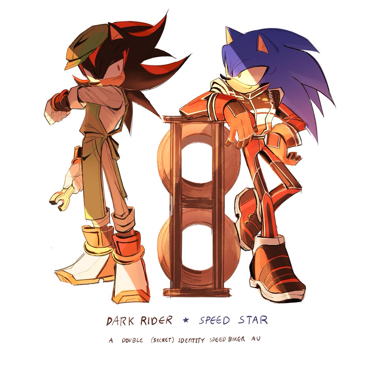 chowadoe's tweet photo. #sonadow [dark rider/speed star!au] 
a double secret identity au where sonic is the resident speedbike celebrity and shadow is the new mechanic in town https://t.co/v9ugE4xPlM