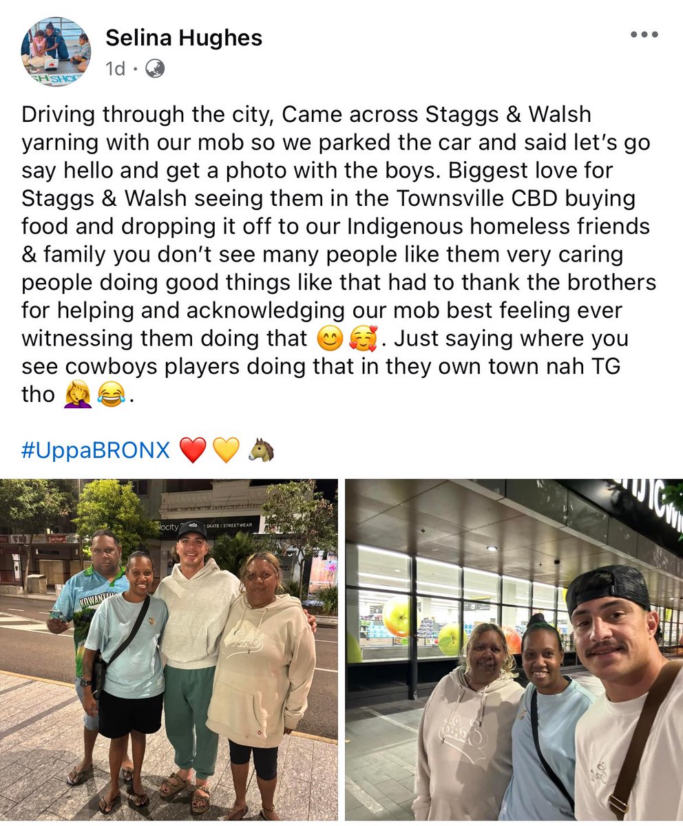 “All comes natural with these indigenous players aye,” wrote Selina Hughes on Facebook.

She shared a yarn about Kotoni Staggs and Reece Walsh supporting some homeless people in Townsville.

📸 Selina Hughes