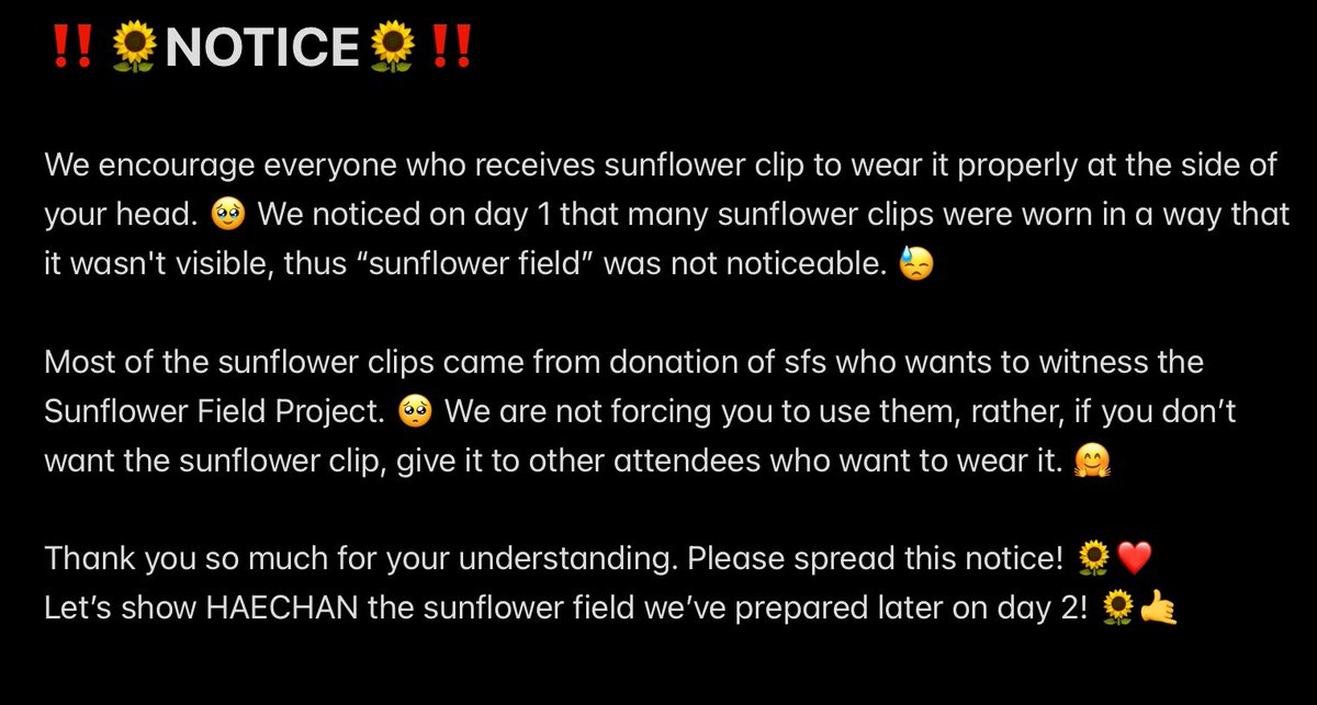 TheSFSProject's tweet photo. ‼️🌻NOTICE🌻‼️
#SunflowerFieldProject #SunflowersForHaechan
@haechanteamph https://t.co/sPMrDgyC7Q