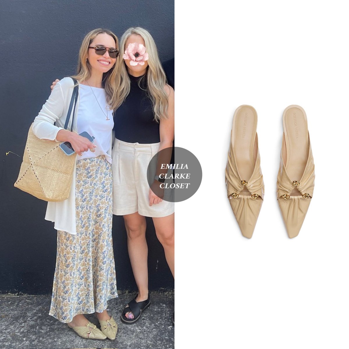 Emilia Clarke with some fans today in Portland (August 11, 2024) via RogerDonnaSauer/X
. 
She's wearing #DÔEN Elowen Bleu Wildflower Thicket Skirt ($348), #Loewe Puzzle Fold Tote in Raffia ($1.990) and #BottegaVeneta Bunnie Mule ($1.350).