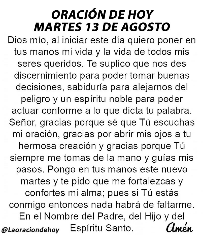 Oración diaria para hoy martes 13 de agosto de 2024.